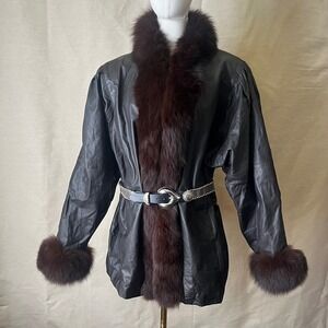 Vintage 1980s Roxciticus Leather Fox Fur Trim Oversized Coat M/L Espresso Brown